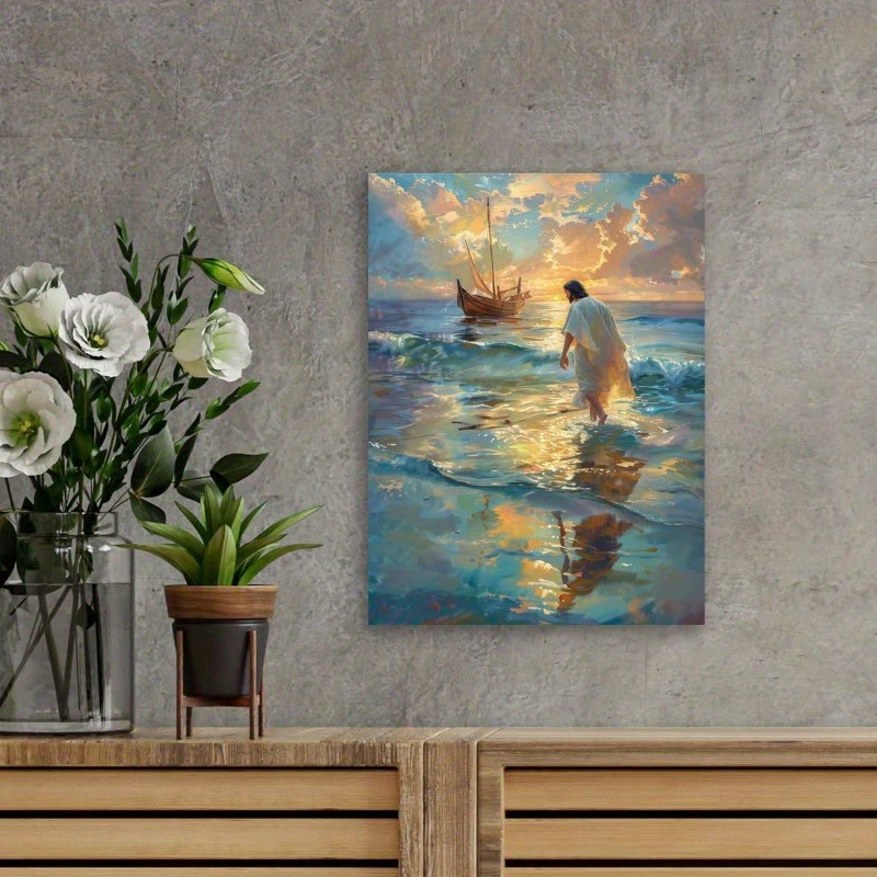 Christianartworkshop Spiritual Journey Wall Art: Jesus Walking on Water & Faith Resonance for Decor - Framed Canvas Painting - 11.81''*15.75''/30*40cm - image 0