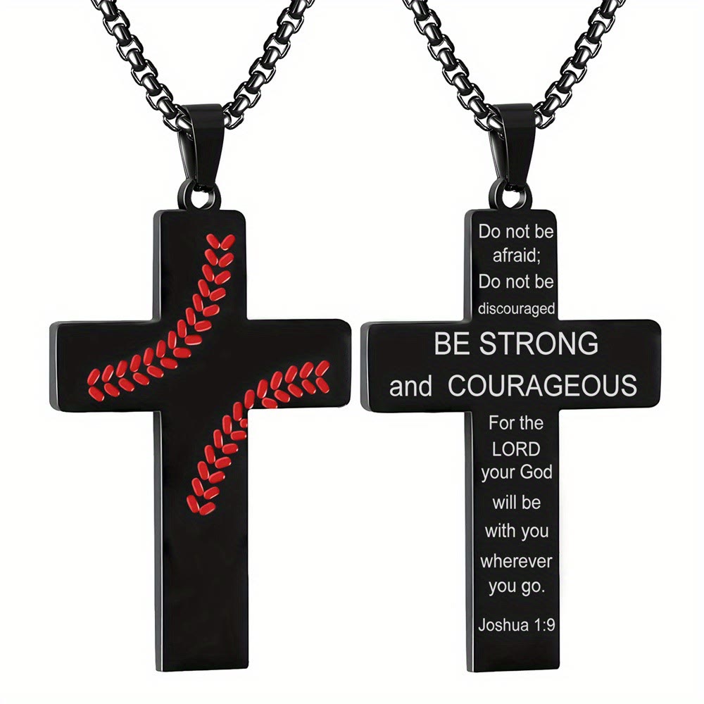 Christianartworkshop Baseball Stitch Cross Necklace: Athletic Devotion & Inspirational Quote - Black - Joshua 1:9 - image 21