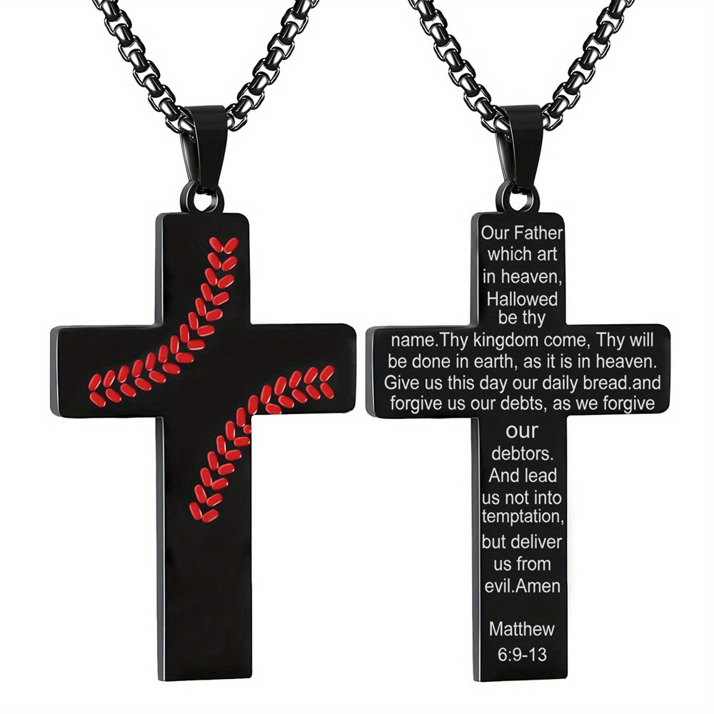 Christianartworkshop Baseball Stitch Cross Necklace: Athletic Devotion & Inspirational Quote - Black - Matthew 6:9-13 - image 24