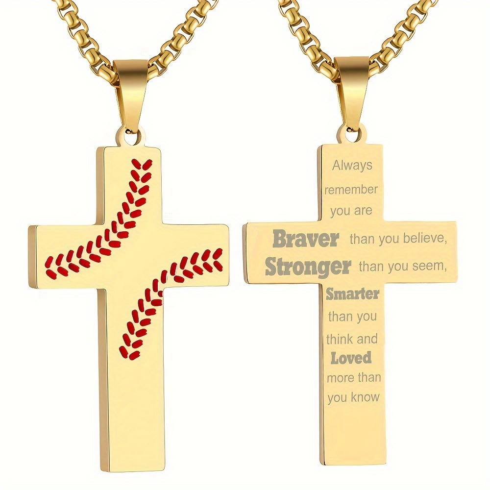 Christianartworkshop Baseball Stitch Cross Necklace: Athletic Devotion & Inspirational Quote - Golden - Always remember - image 27