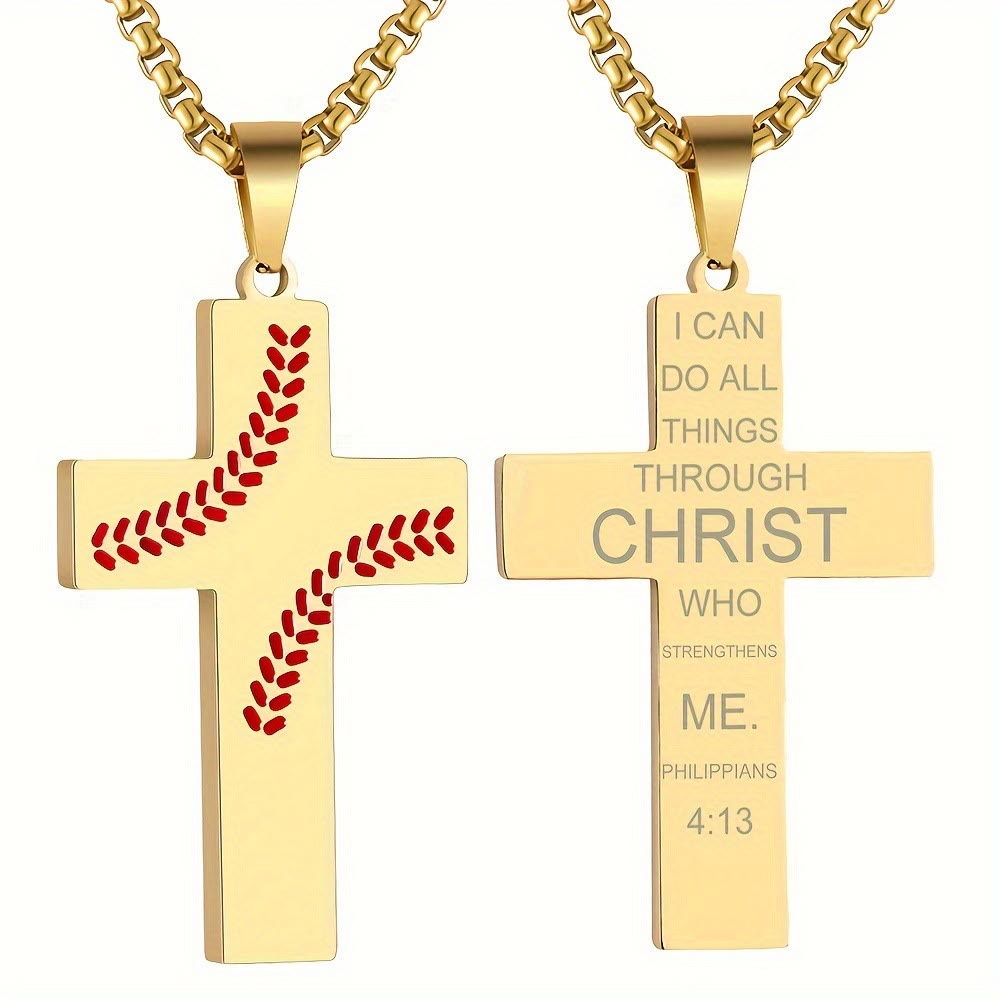 Christianartworkshop Baseball Stitch Cross Necklace: Athletic Devotion & Inspirational Quote - Golden - Phinippians 4:13 - image 32