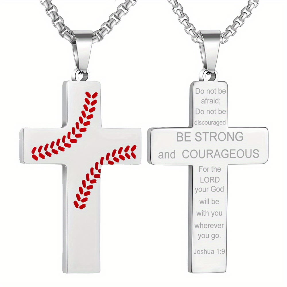 Christianartworkshop Baseball Stitch Cross Necklace: Athletic Devotion & Inspirational Quote - Silver - Joshua 1:9 - image 9