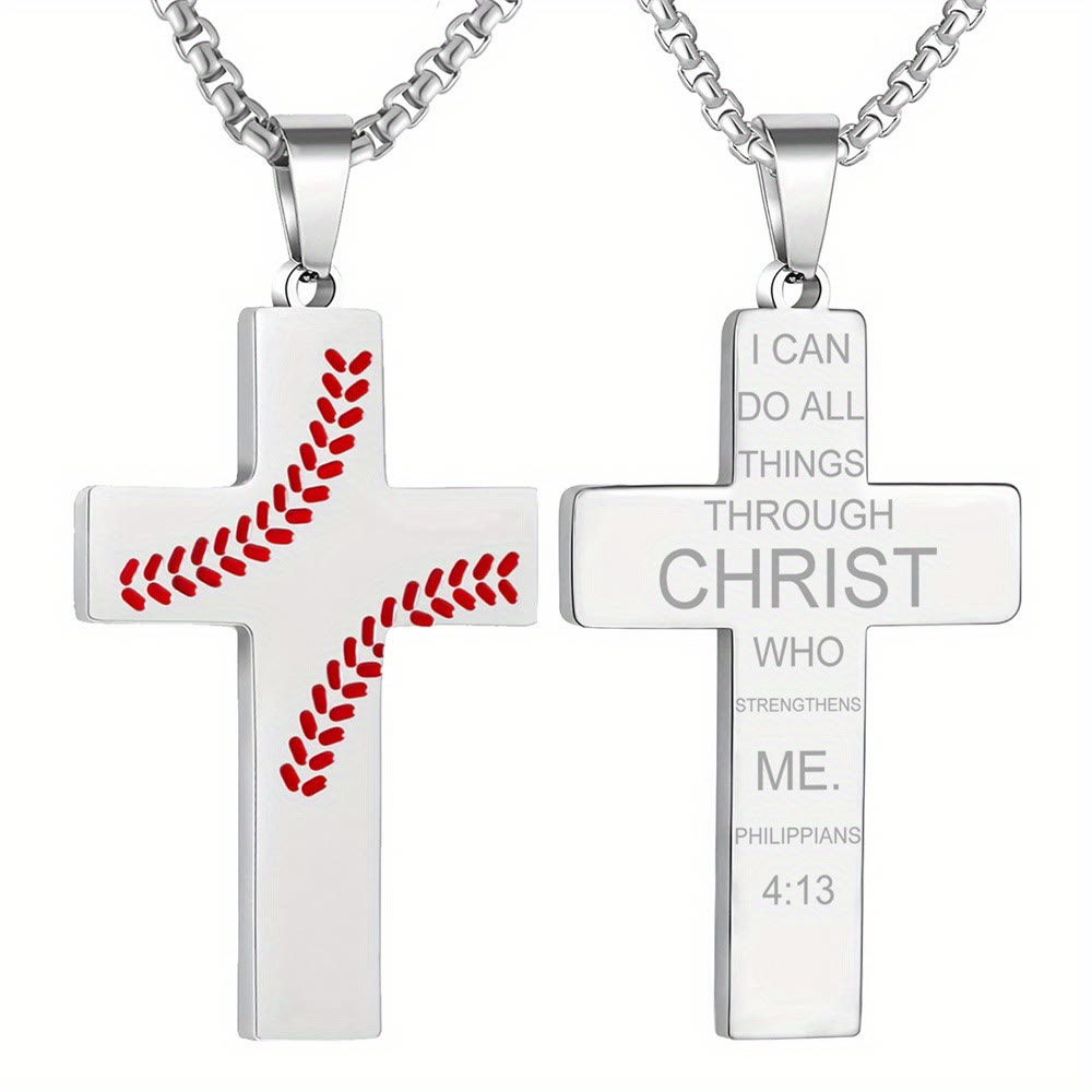 Christianartworkshop Baseball Stitch Cross Necklace: Athletic Devotion & Inspirational Quote - Silver - Phinippians 4:13 - image 9