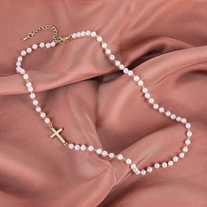 FREE Today: White Beads with Cross Necklace: Elegant Devotion & Faithful Grace - Golden - image 0