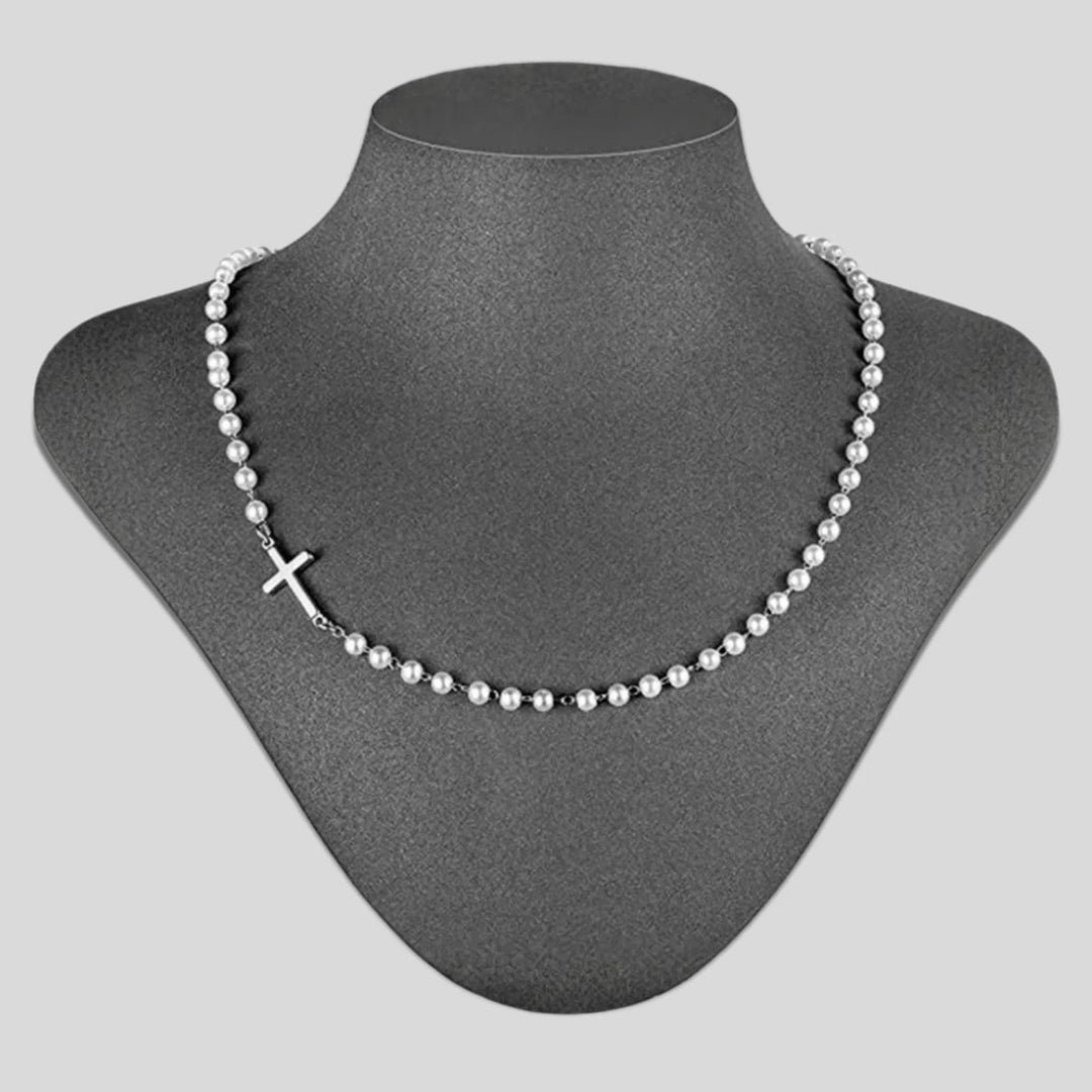 FREE Today: White Beads with Cross Necklace: Elegant Devotion & Faithful Grace - Silver - image 3