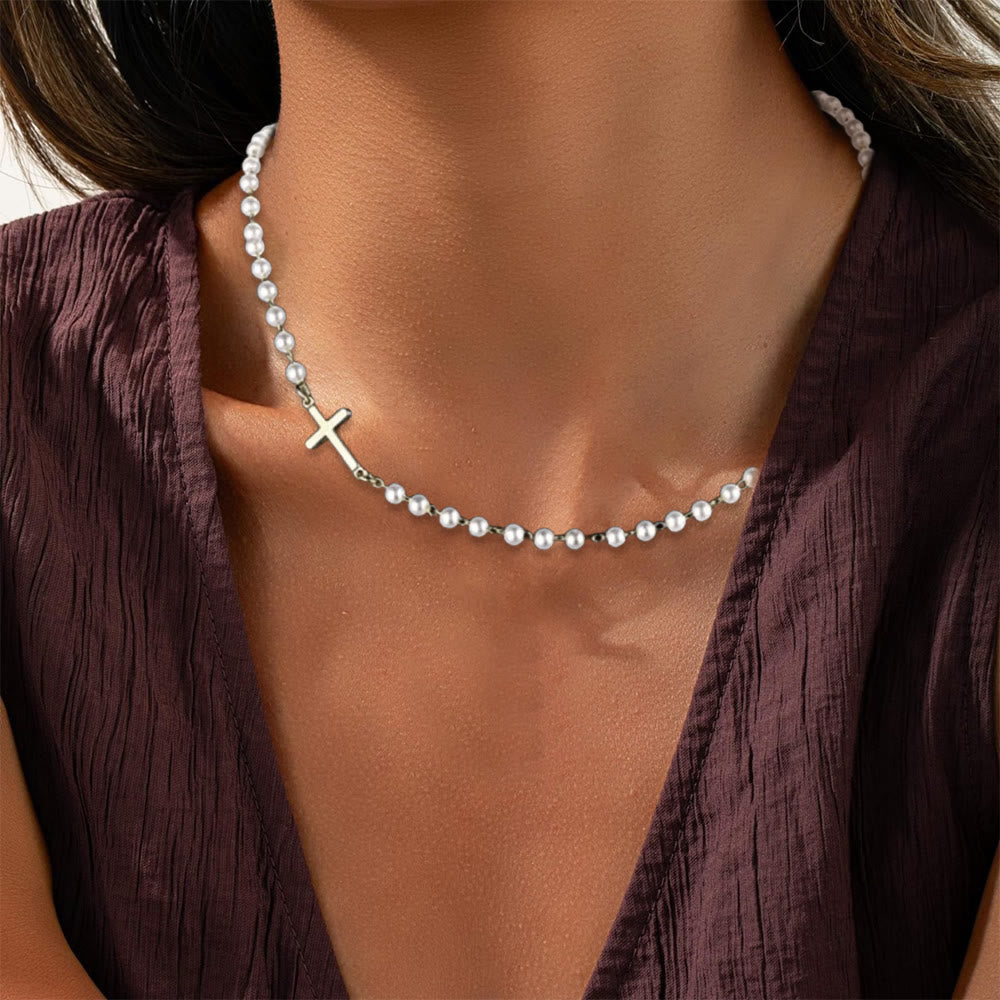 FREE Today: White Beads with Cross Necklace: Elegant Devotion & Faithful Grace - image 1