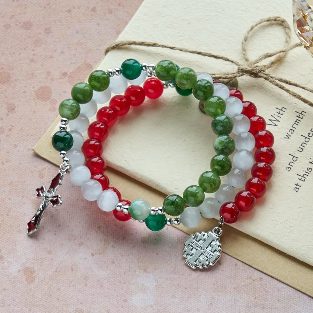 Christianartworkshop Christmas Jade Agate Rosary Bracelet: Faith & Festive Devotion - Wrist Circumference: 7.09"-9.45"/18-24cm - image 0
