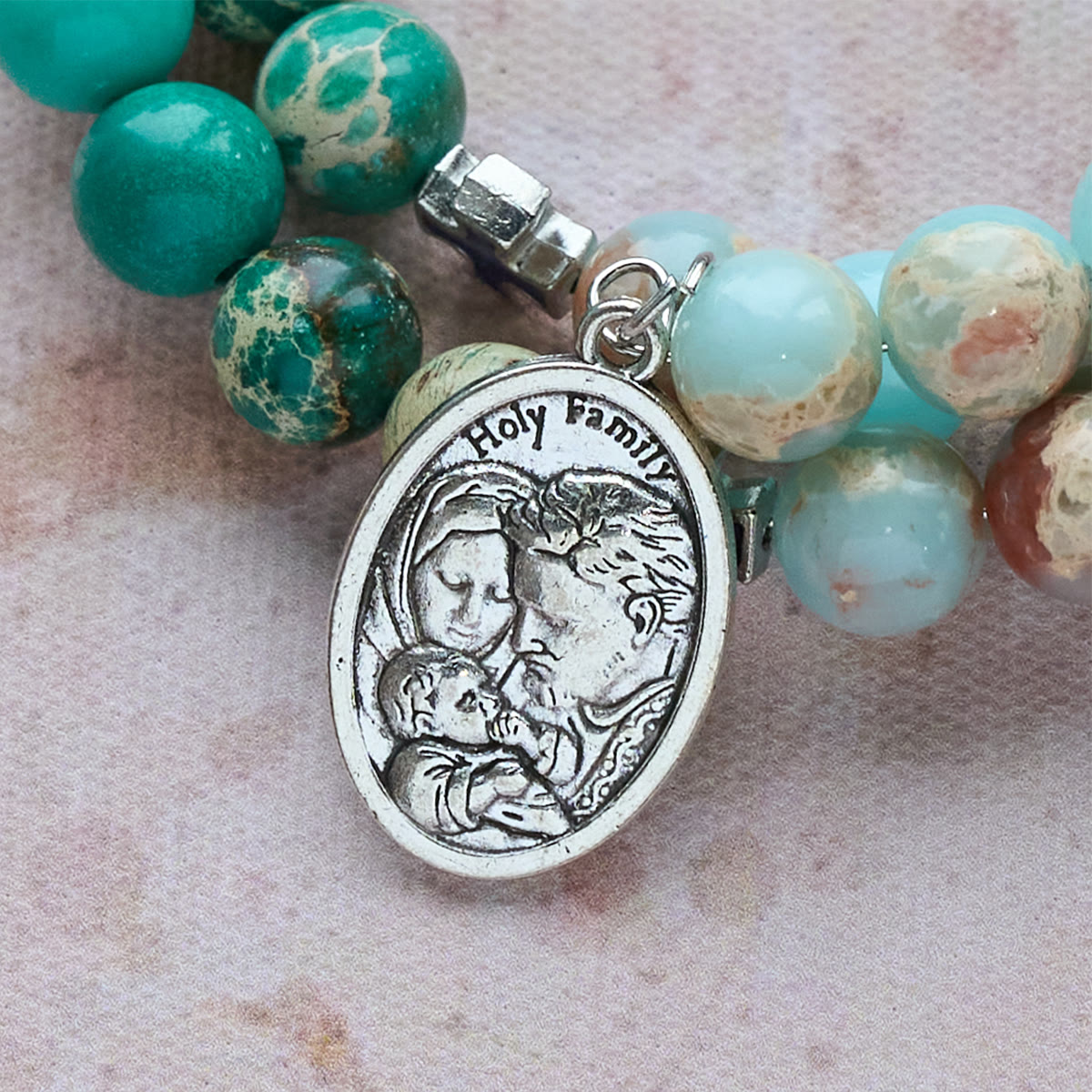 Shoushan & Green Vein Stone Rosary Bracelet with Crucifix & Holy