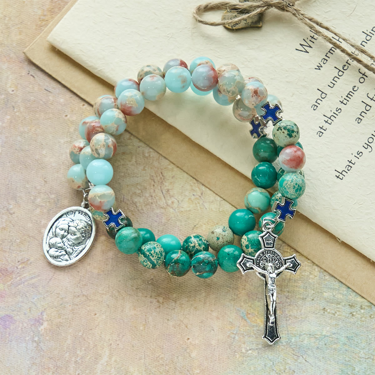 Shoushan & Green Vein Stone Rosary Bracelet with Crucifix & Holy