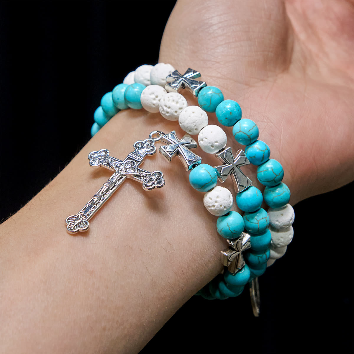 Gypsum & Turquoise Rosary Bracelet with Crucifix & Saint Benedict
