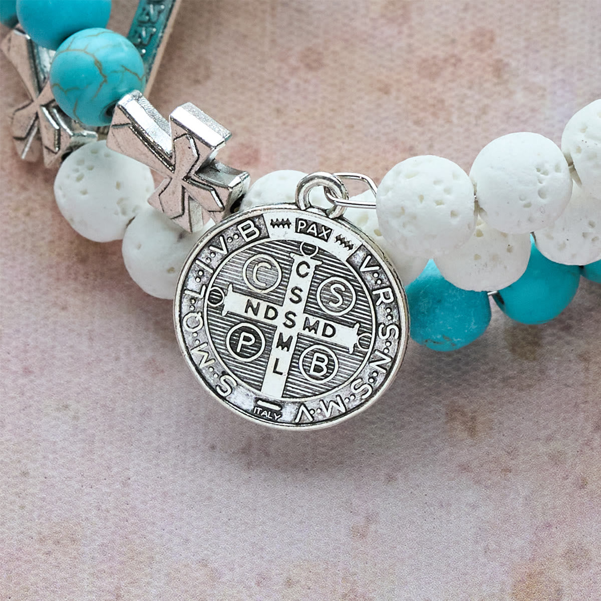 Gypsum & Turquoise Rosary Bracelet with Crucifix & Saint Benedict