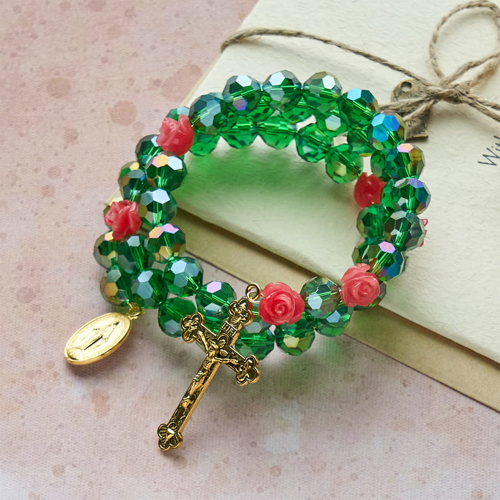 Christianartworkshop Green Crystal & Rose Rosary Bracelet: Devotion & Floral Grace - image 2