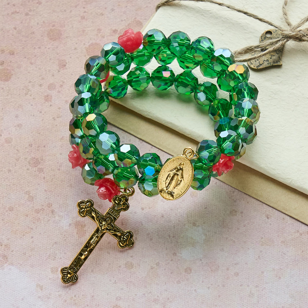 Christianartworkshop Green Crystal & Rose Rosary Bracelet: Devotion & Floral Grace - image 4