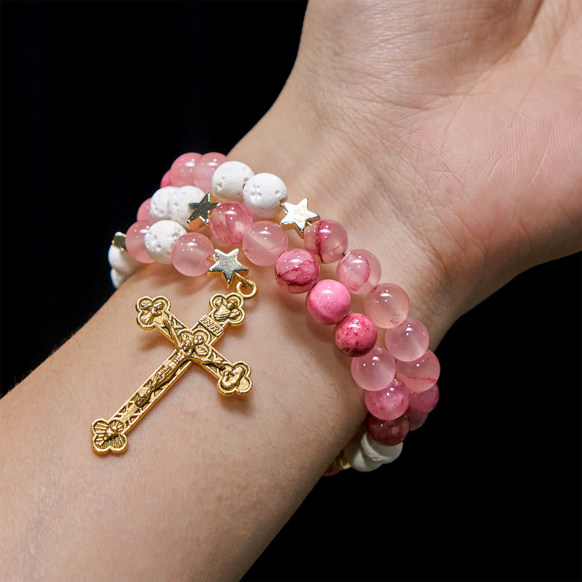 Gypsum & Rose Red Agate Rosary Bracelet with Gold Crucifix