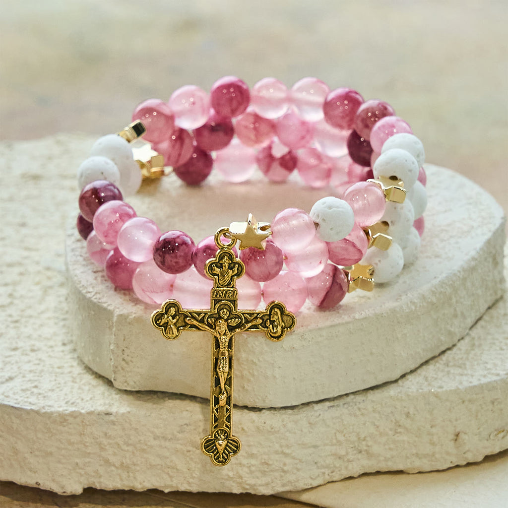 Gypsum & Rose Red Agate Rosary Bracelet with Gold Crucifix