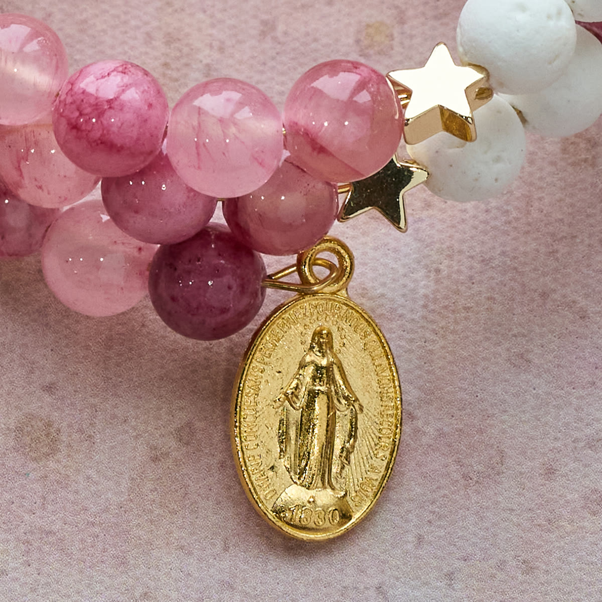 Gypsum & Rose Red Agate Rosary Bracelet with Gold Crucifix