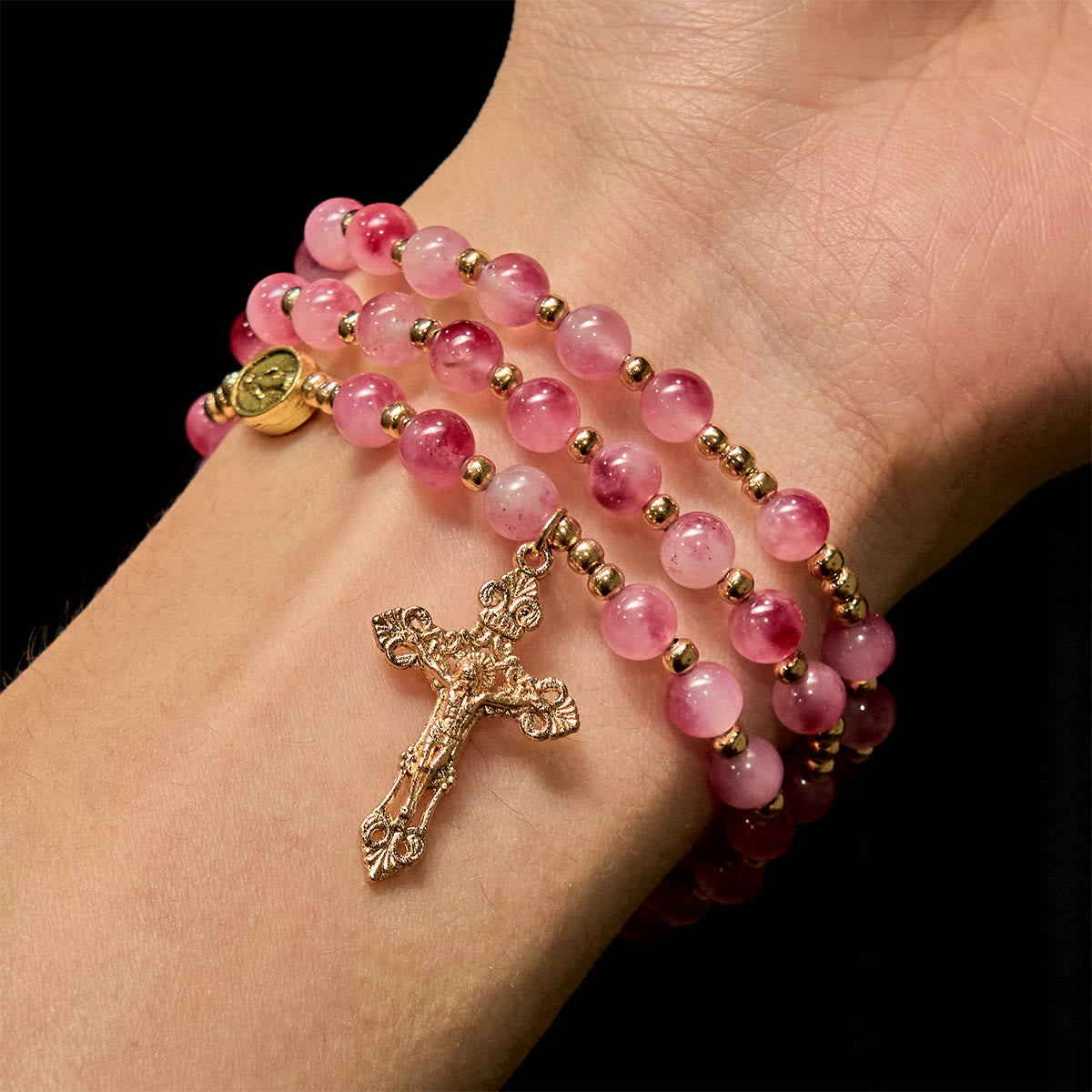 Rose Red Agate Rosary Bracelet – Christian Jewelry Crucifix