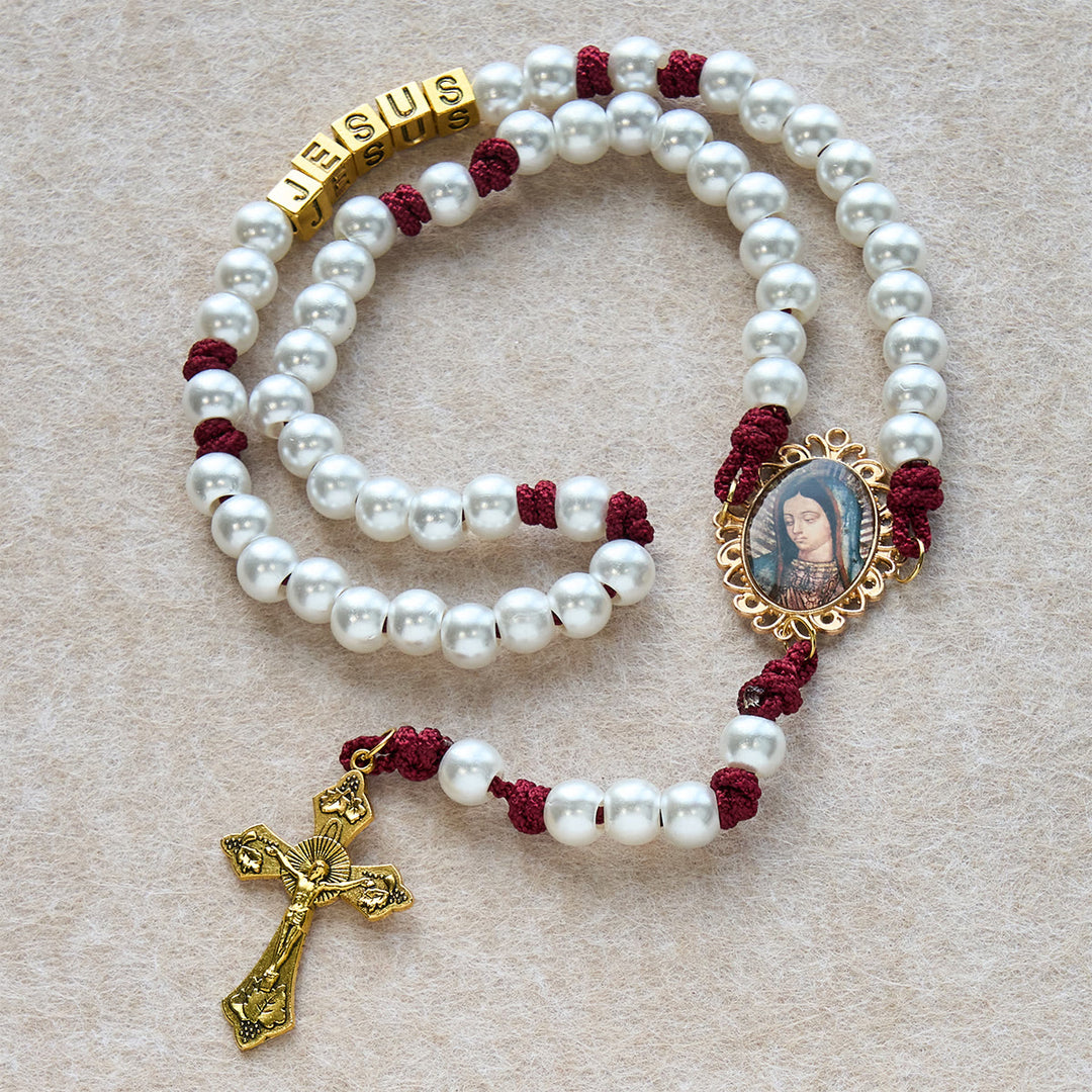 Graceful White Custom Rosary with Burgundy Paracord & Personalized JESUS Letters - image 4
