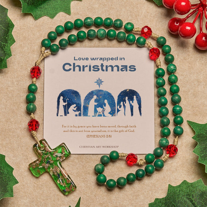 Christianartworkshop Christmas Gift: Green Patterned Stone Rosary for Devout Prayer: Green-Golden Glass Cross - Rosary with Love Wrapped in Christmas - image 0
