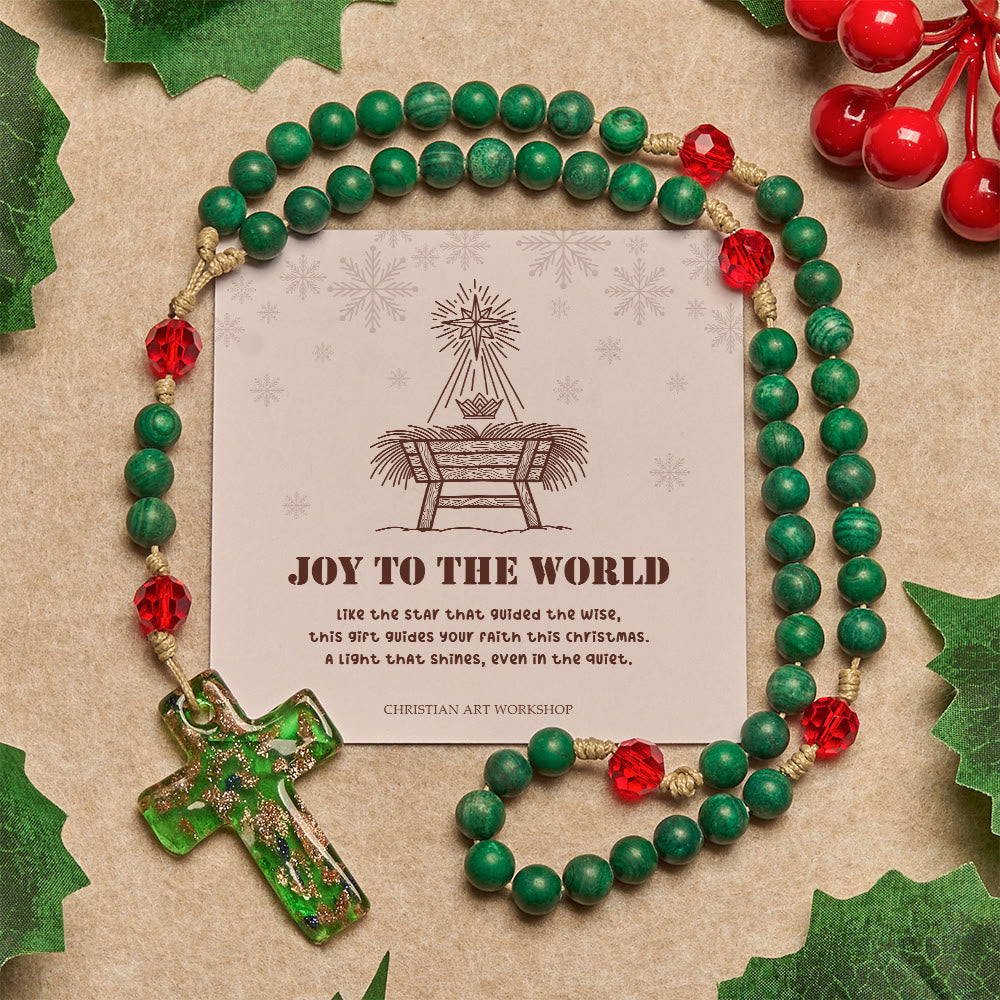 Christianartworkshop Christmas Gift: Green Patterned Stone Rosary for Devout Prayer: Green-Golden Glass Cross - Rosary with Joy To The World - image 1