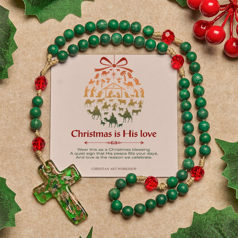 Christianartworkshop Christmas Gift: Green Patterned Stone Rosary for Devout Prayer: Green-Golden Glass Cross - Rosary with Christmas is His Love - image 2