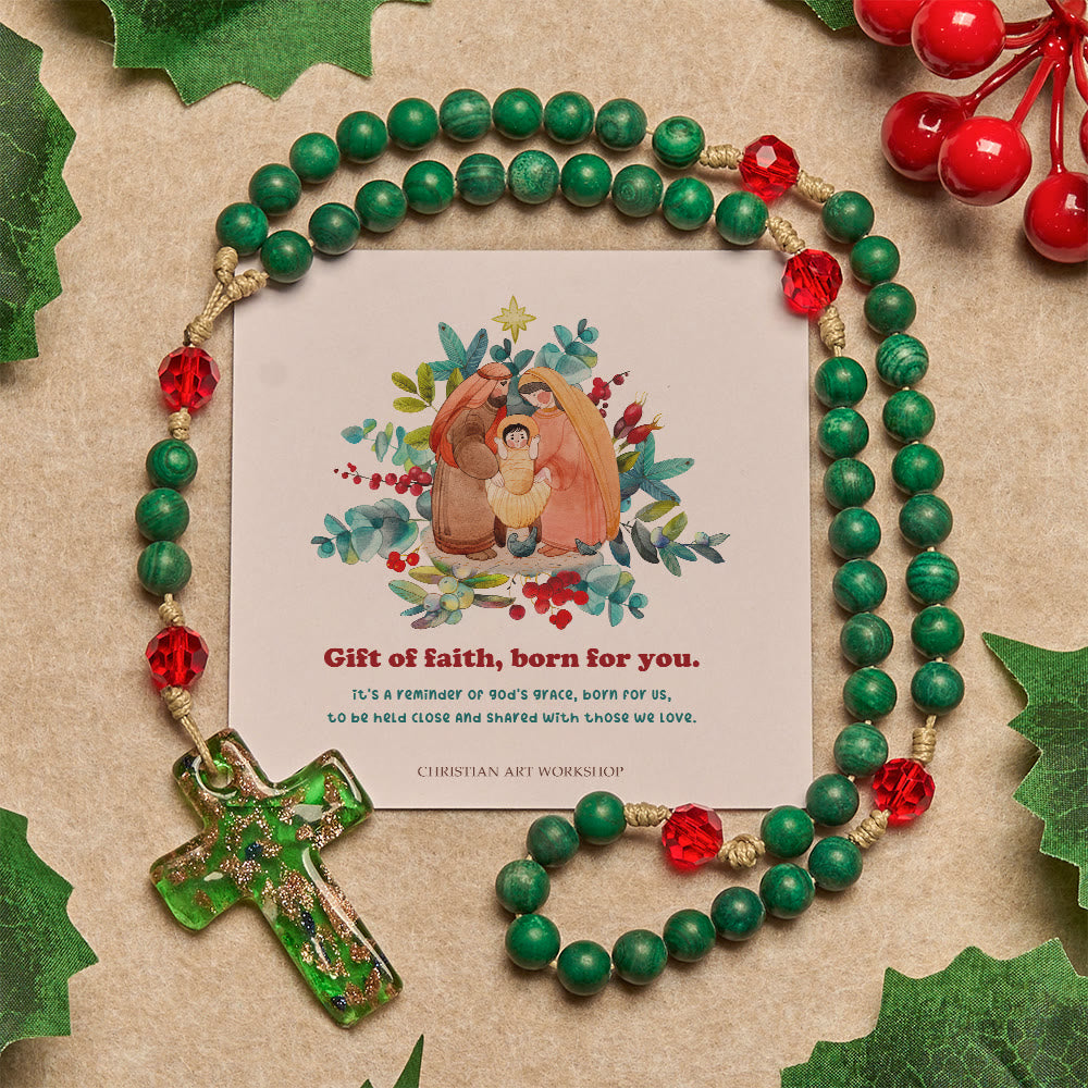 Christianartworkshop Christmas Gift: Green Patterned Stone Rosary for Devout Prayer: Green-Golden Glass Cross - Rosary with Gift of Faith Born for You - image 3