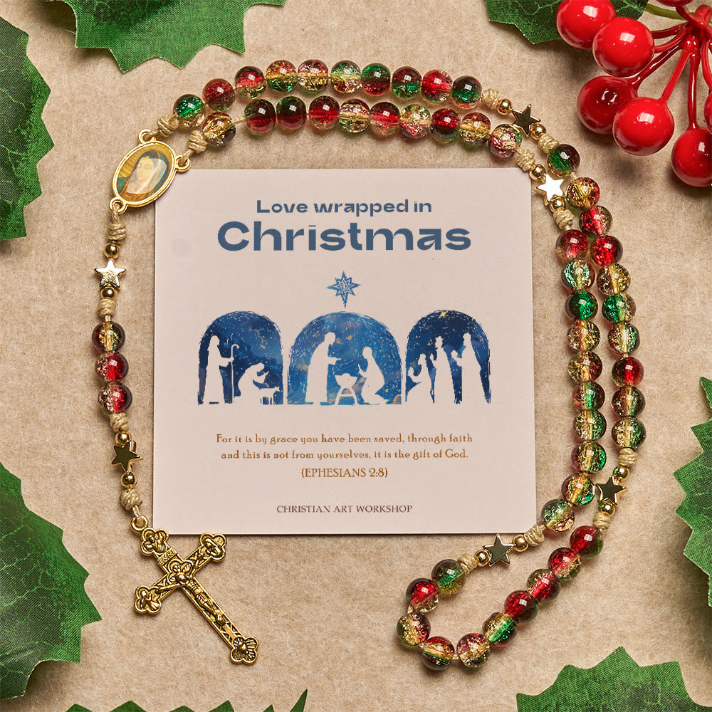 Christianartworkshop Christmas Gift: Christmas Glass Bead Rosary: Our Lady of Guadalupe Medal & Golden Crucifix - Rosary with Love Wrapped in Christmas - image 1