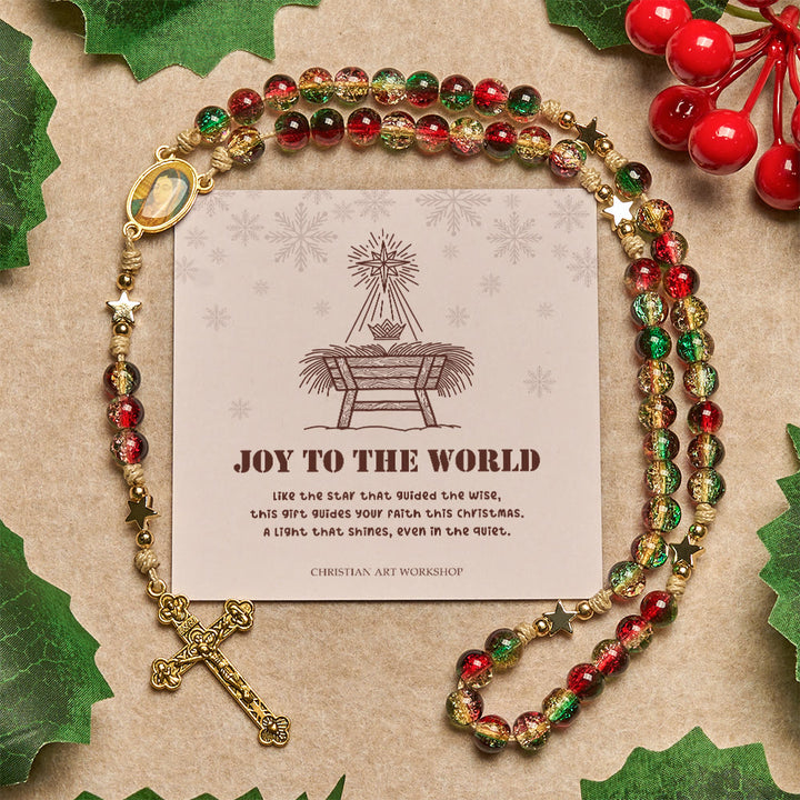 Christianartworkshop Christmas Gift: Christmas Glass Bead Rosary: Our Lady of Guadalupe Medal & Golden Crucifix - Rosary with Joy To The World - image 0