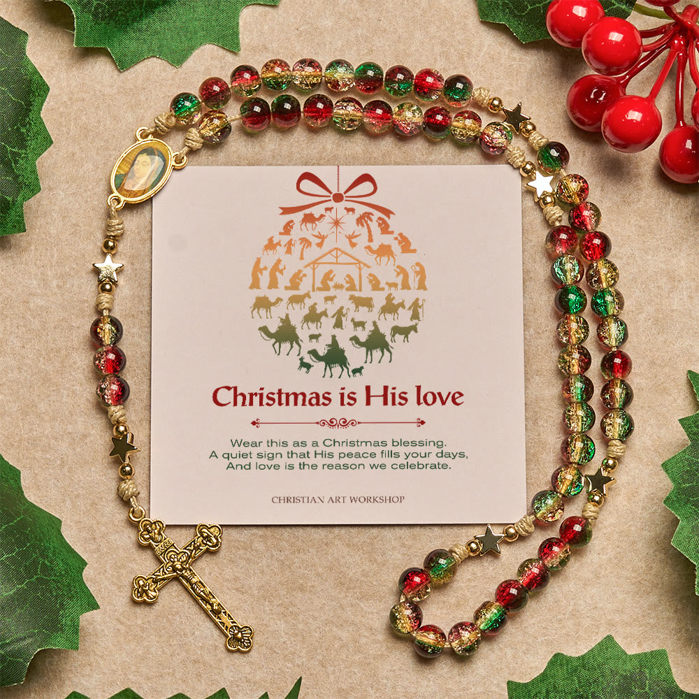 Christianartworkshop Christmas Gift: Christmas Glass Bead Rosary: Our Lady of Guadalupe Medal & Golden Crucifix - Rosary with Christmas is His Love - image 2