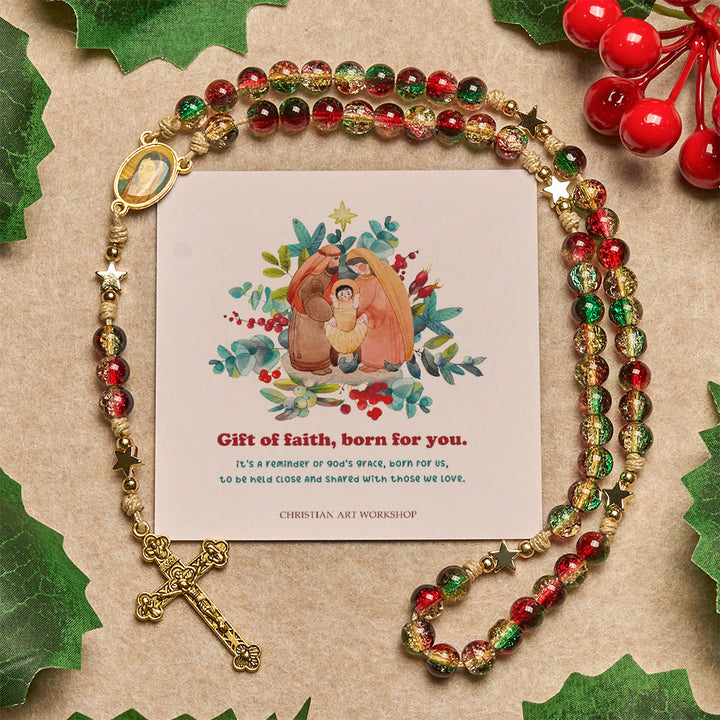 Christianartworkshop Christmas Gift: Christmas Glass Bead Rosary: Our Lady of Guadalupe Medal & Golden Crucifix - Rosary with Gift of Faith Born for You - image 3