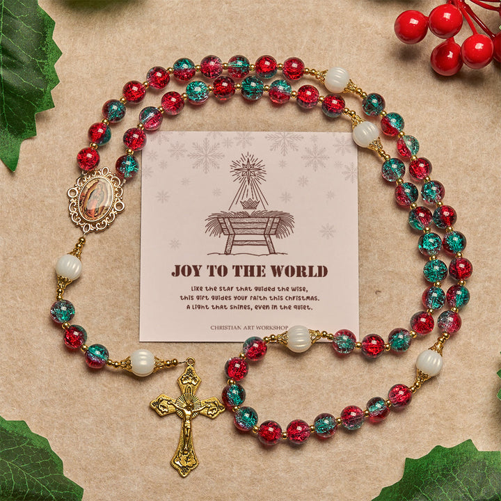 Christianartworkshop Christmas Gift: Christmas Red-Blue Glass Bead Rosary: Our Lady Medal & Ornate Cross - Rosary with Joy To The World - image 2