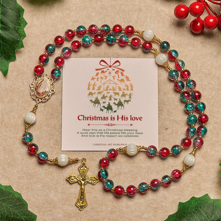 Christianartworkshop Christmas Gift: Christmas Red-Blue Glass Bead Rosary: Our Lady Medal & Ornate Cross - Rosary with Christmas is His Love - image 0