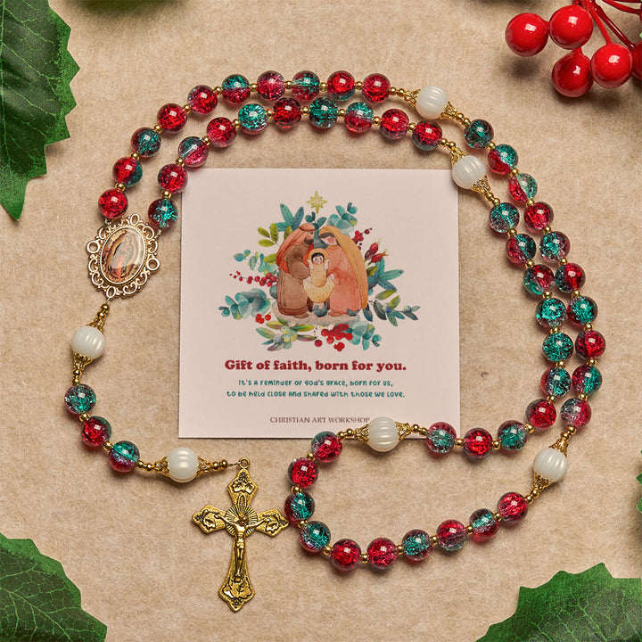 Christianartworkshop Christmas Gift: Christmas Red-Blue Glass Bead Rosary: Our Lady Medal & Ornate Cross - Rosary with Gift of Faith Born for You - image 3