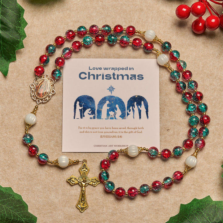 Christianartworkshop Christmas Gift: Christmas Red-Blue Glass Bead Rosary: Our Lady Medal & Ornate Cross - Rosary with Love Wrapped in Christmas - image 1