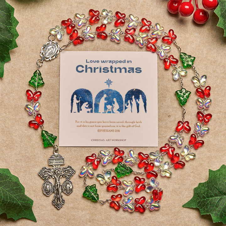 Christianartworkshop Christmas Gift: Blessed Christmas Tree Rosary with Crystal Butterfly Beads - Rosary with Love Wrapped in Christmas - image 0