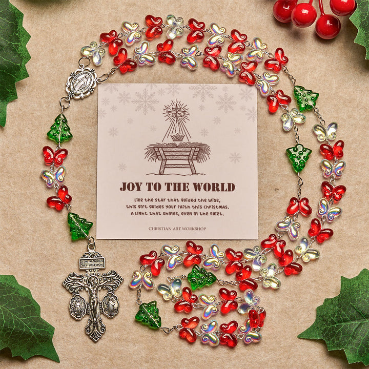 Christianartworkshop Christmas Gift: Blessed Christmas Tree Rosary with Crystal Butterfly Beads - Rosary with Joy To The World - image 1