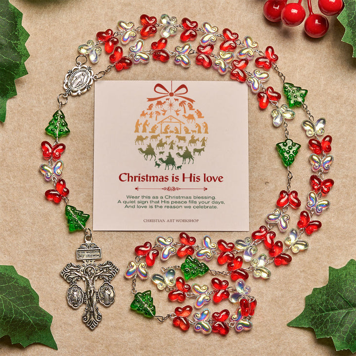 Christianartworkshop Christmas Gift: Blessed Christmas Tree Rosary with Crystal Butterfly Beads - Rosary with Christmas is His Love - image 2