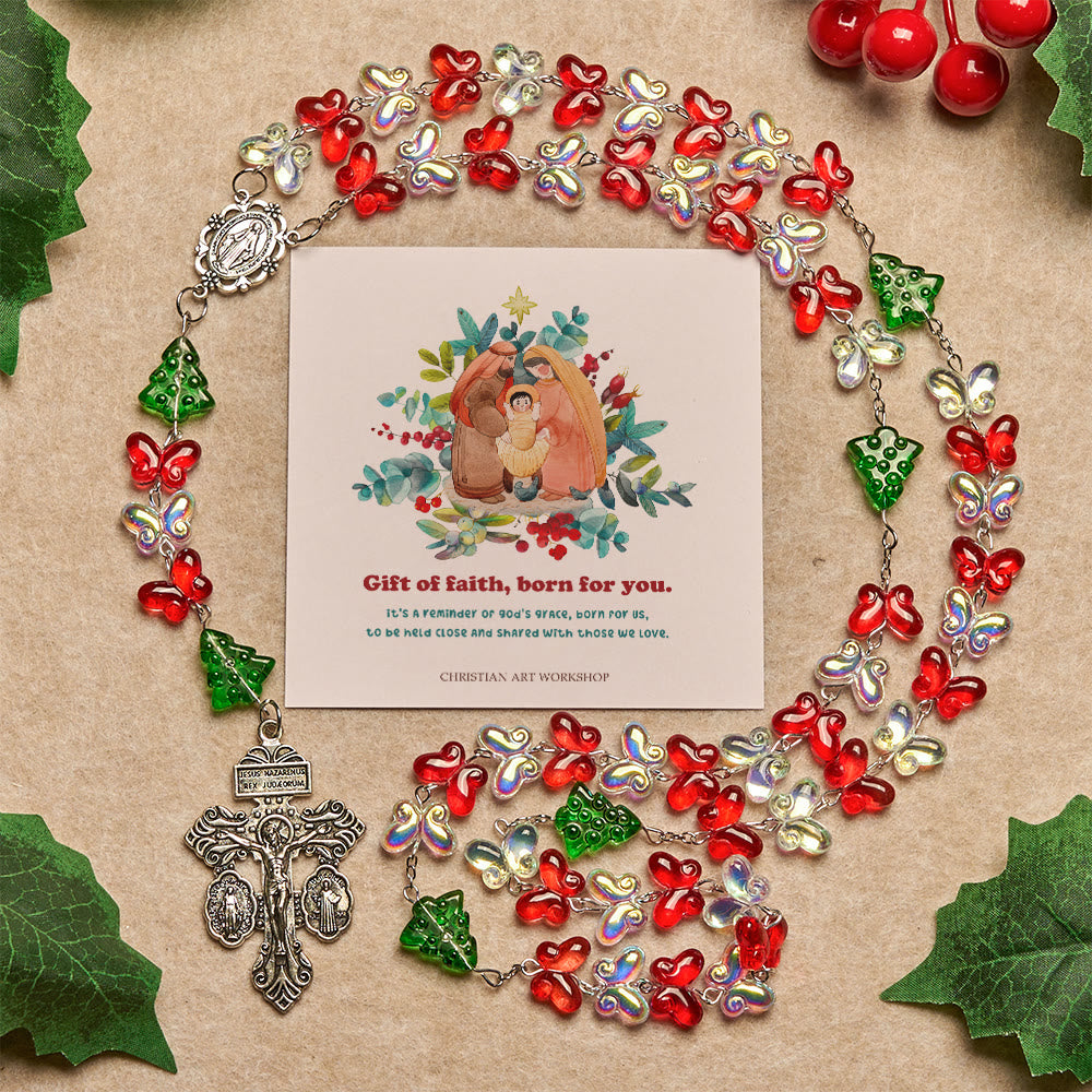 Christianartworkshop Christmas Gift: Blessed Christmas Tree Rosary with Crystal Butterfly Beads - Rosary with Gift of Faith Born for You - image 3