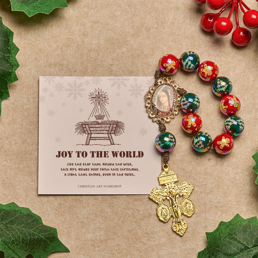Christianartworkshop Christmas Gift: Christmas Devotion Red Green Holiday Beads Pocket Rosary: Pray anywhere, anytime - Joy To The World - image 0