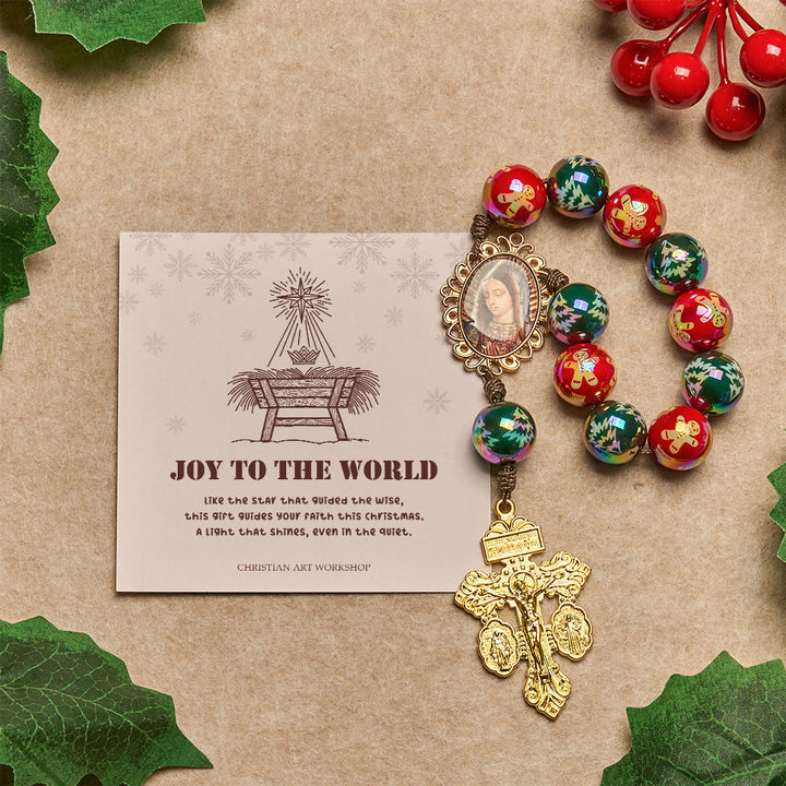 Christianartworkshop Christmas Gift: Christmas Devotion Red Green Holiday Beads Pocket Rosary: Pray anywhere, anytime - Joy To The World - Red & Green - image 0