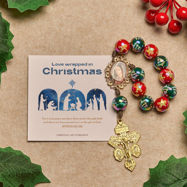 Christianartworkshop Christmas Gift: Christmas Devotion Red Green Holiday Beads Pocket Rosary: Pray anywhere, anytime - Love Wrapped in Christmas - image 3