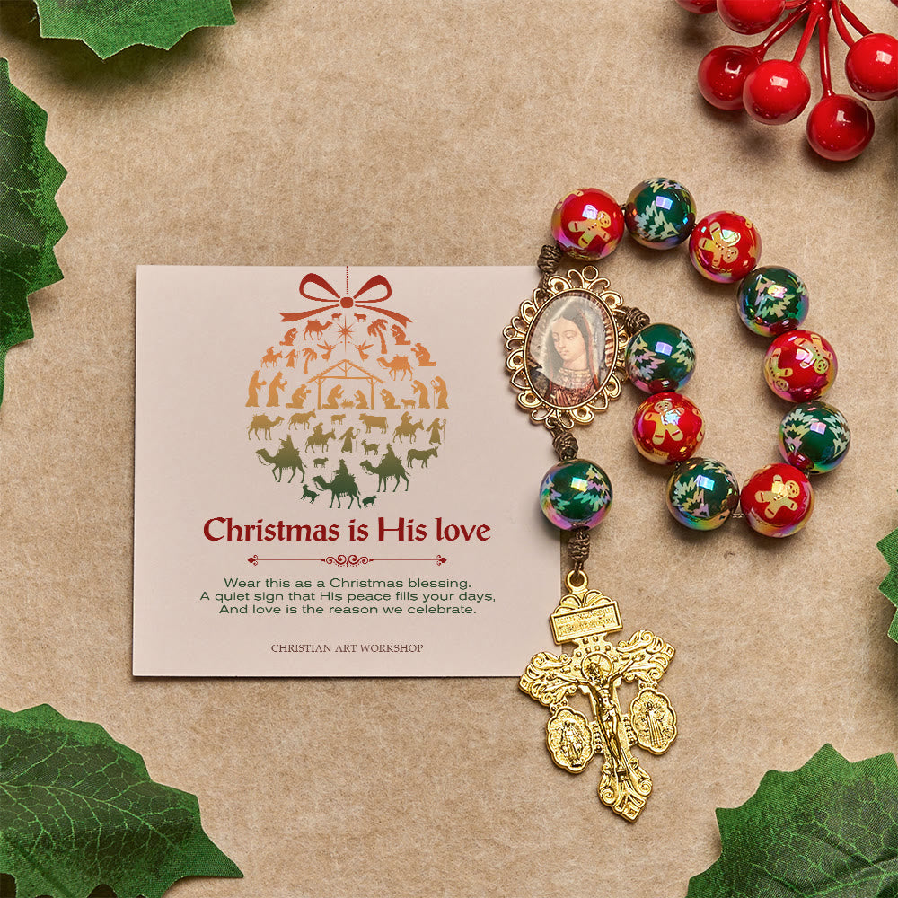 Christianartworkshop Christmas Gift: Christmas Devotion Red Green Holiday Beads Pocket Rosary: Pray anywhere, anytime - Rosary with Christmas is His Love - image 2