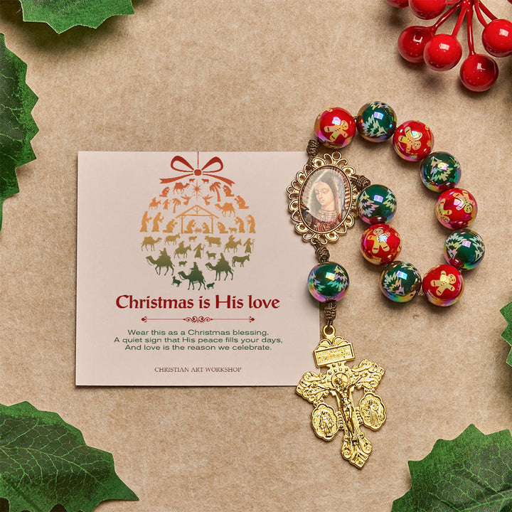 Christianartworkshop Christmas Gift: Christmas Devotion Red Green Holiday Beads Pocket Rosary: Pray anywhere, anytime - Rosary with Christmas is His Love - image 2