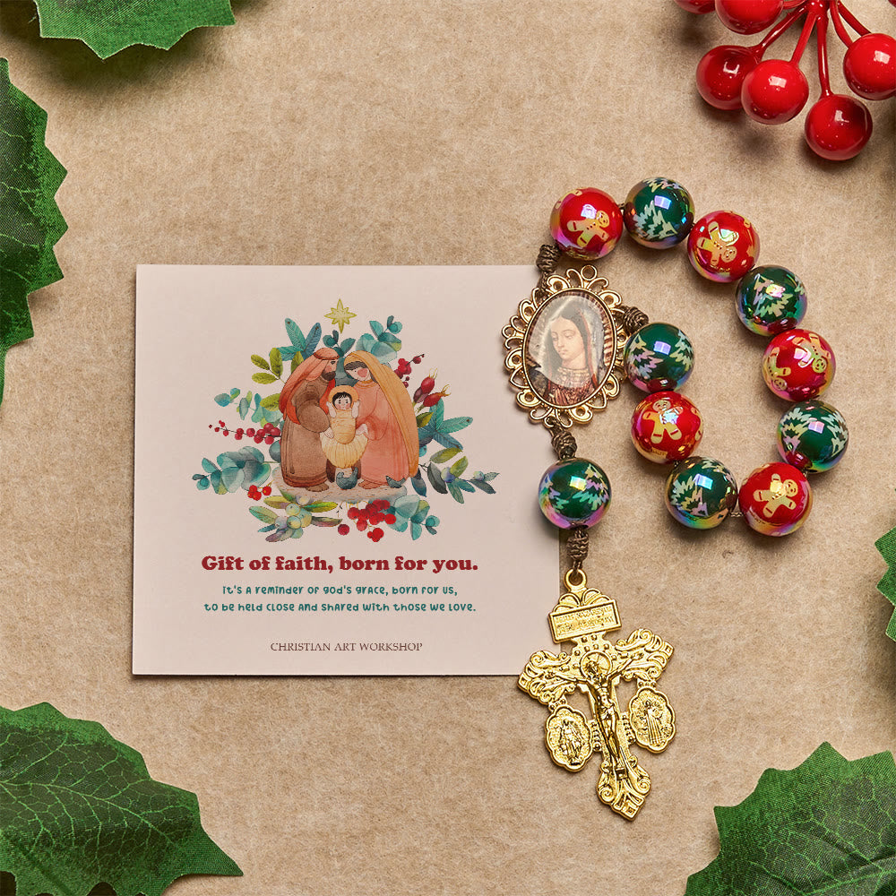 Christianartworkshop Christmas Gift: Christmas Devotion Red Green Holiday Beads Pocket Rosary: Pray anywhere, anytime - Rosary with Gift of Faith Born for You - image 3