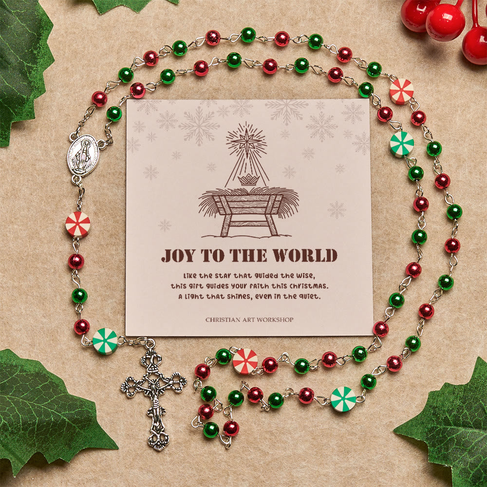 Christianartworkshop Christmas Gift: Festive Christmas Rosary: Red - Green Beads, Candy Shapes & Crucifix - Joy To The World - image 2