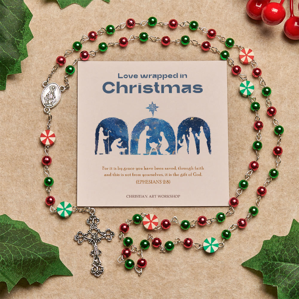 Christianartworkshop Christmas Gift: Festive Christmas Rosary: Red - Green Beads, Candy Shapes & Crucifix - Love Wrapped in Christmas - image 1