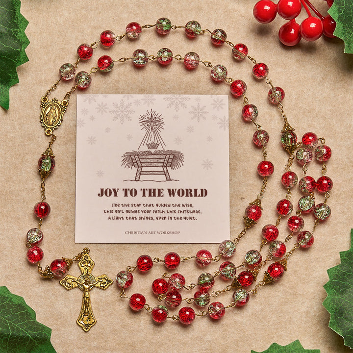 Christianartworkshop Christmas Gift: Christmas - Themed Red Bead Rosary with Golden Crucifix & Madonna Medal - Joy To The World - image 2