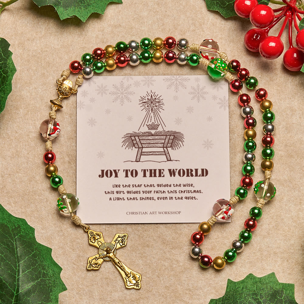 Christianartworkshop Christmas Gift: Christmas Atmosphere Rosary: Colorful Beads & Ornate Golden Crucifix - Joy To The World - image 1
