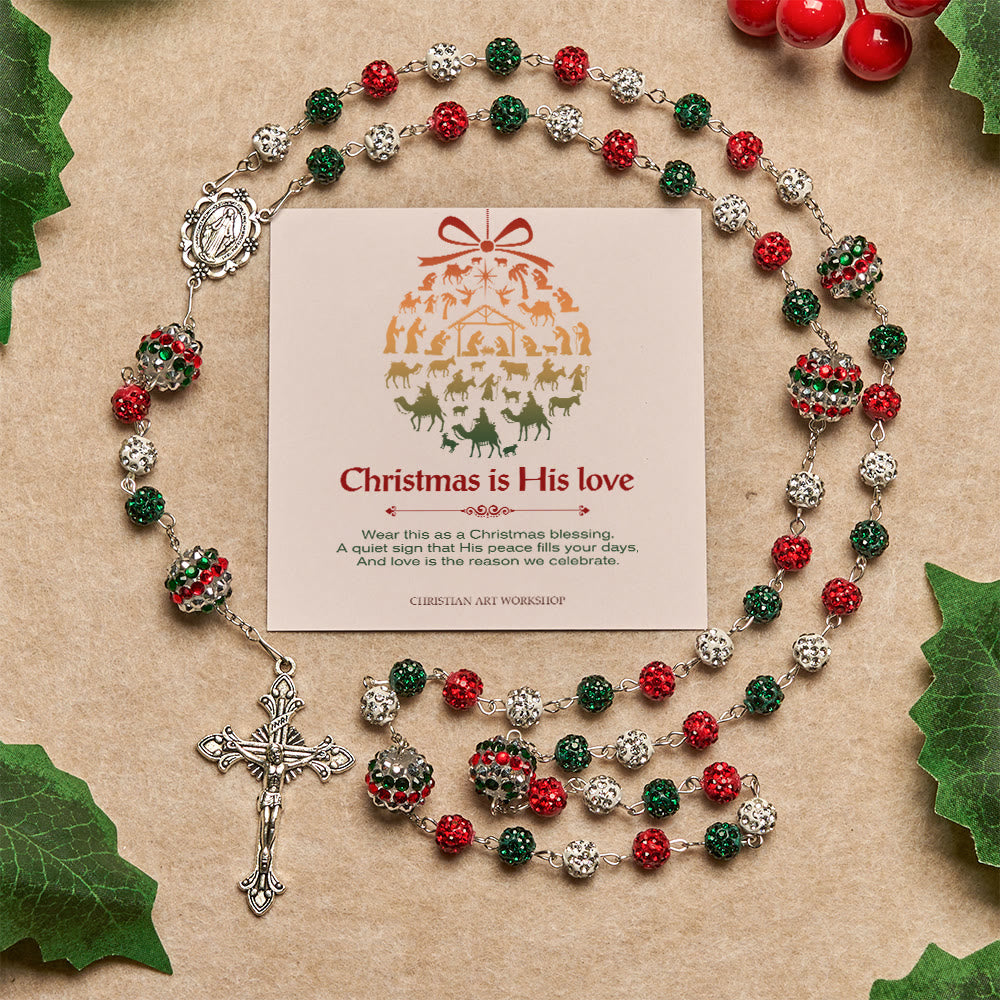 Christianartworkshop Christmas Gift: Crystal-Covered Tricolor Beads & Miraculous Medal Glam Sparkling Rosary - Christmas is His Love - image 0