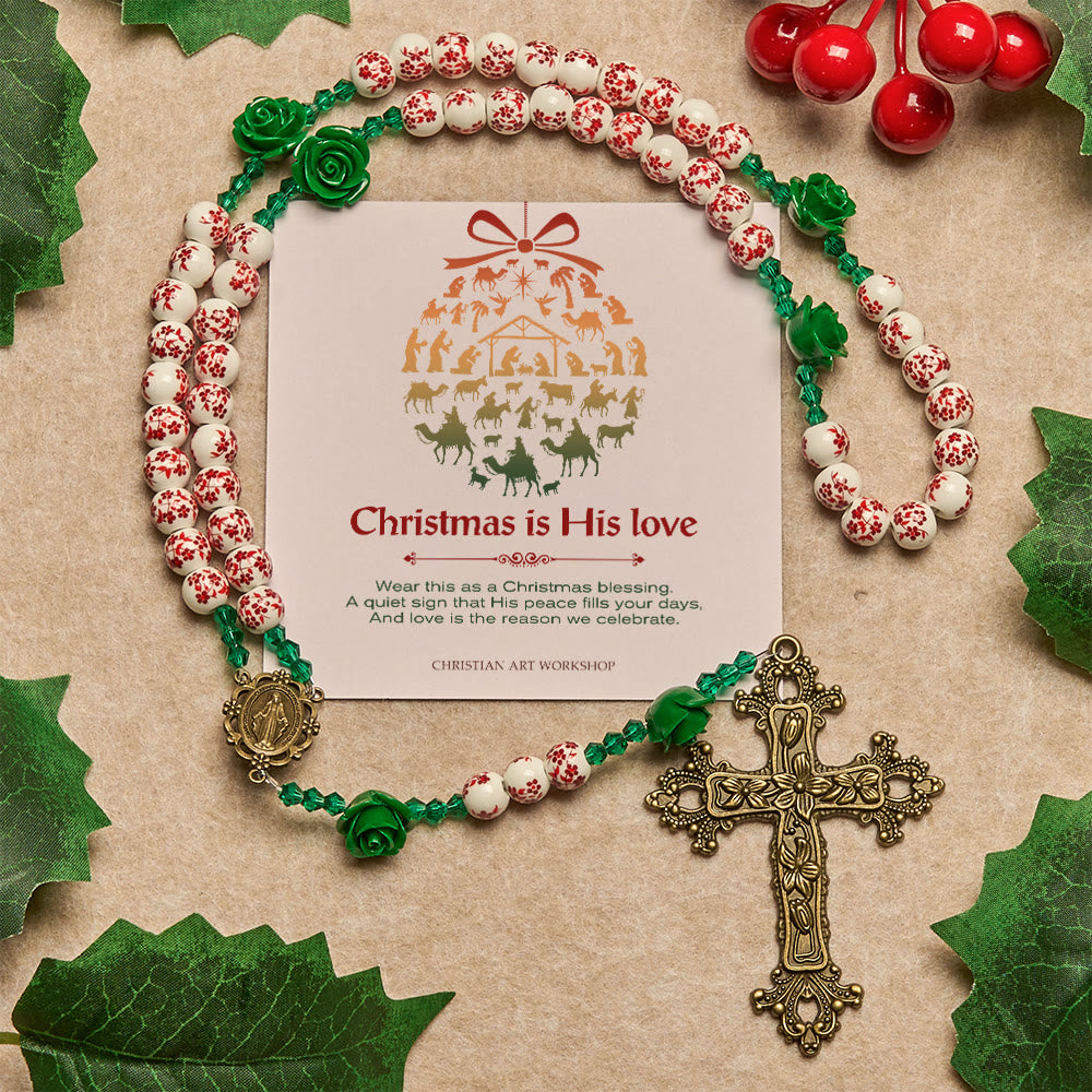Christianartworkshop Christmas Gift: Red Floral Ceramic Beads Rosary with Green Rose: The Garden of Mary's Love - Christmas is His Love - image 2